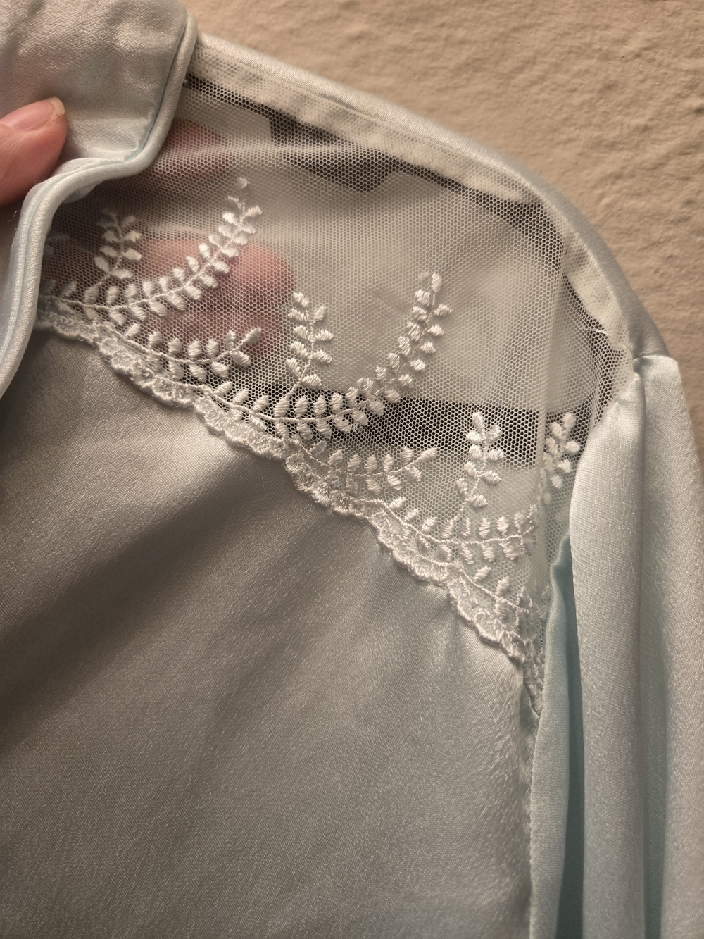 Vintage Satin Blouse Lace Sheer Shoulder Blue Cottagecore Romantic Top L XL - Picture 6 of 9